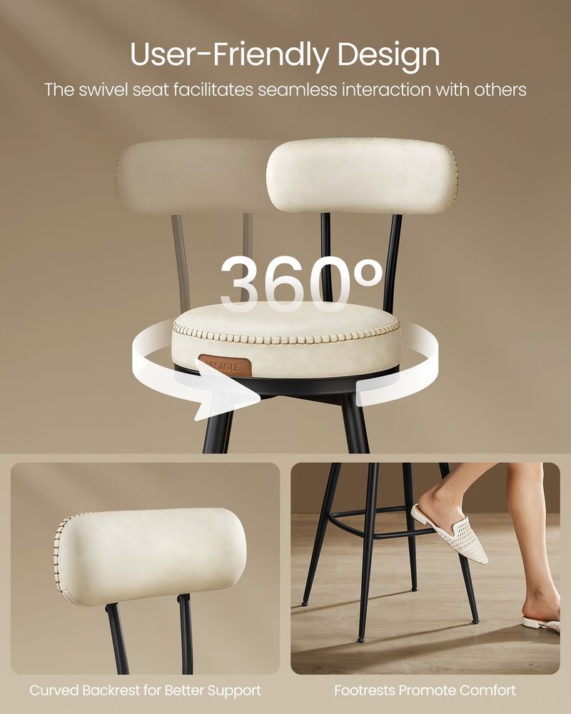 Bar Stools Set of 2 – Swivel Seats – Padded Faux Leather