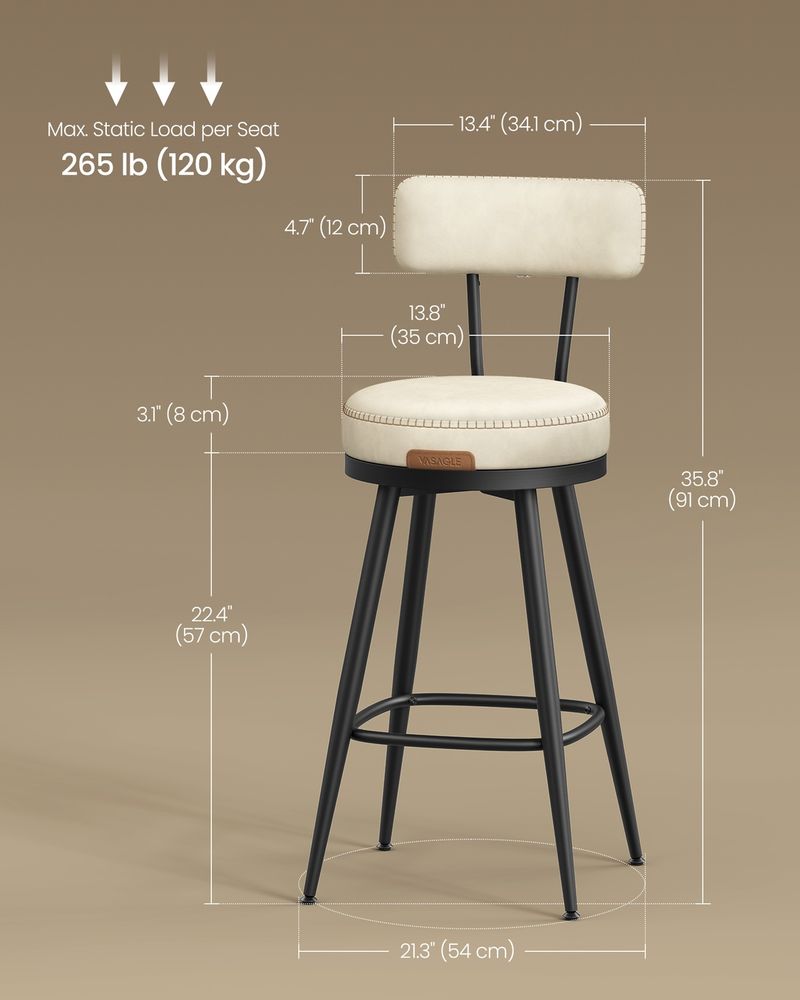 Bar Stools Set of 2 – Swivel Seats – Padded Faux Leather