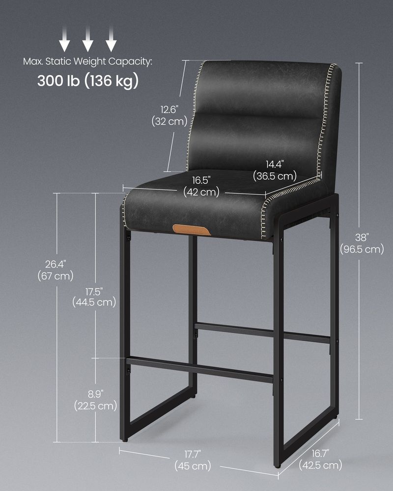 Bar Stools Set of 2 – Counter Height – With Backrest & Storage Pocket