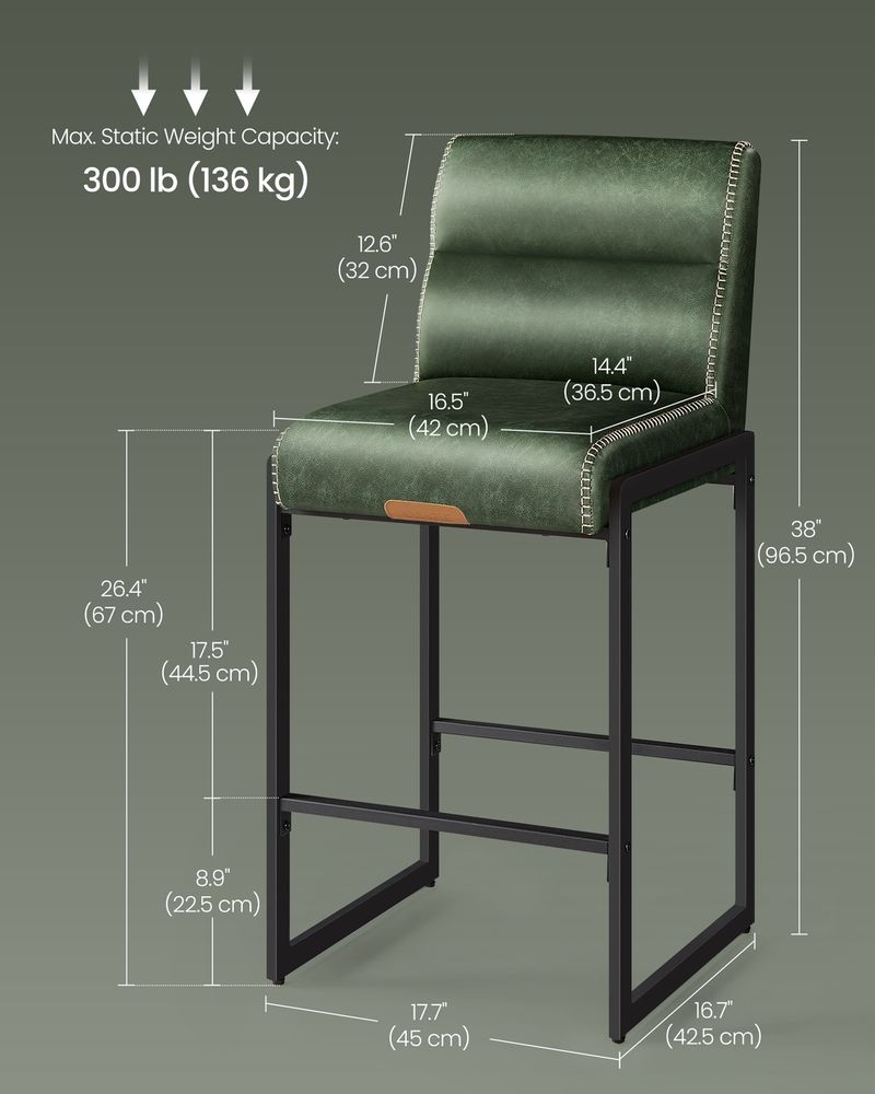 Bar Stools Set of 2 – Counter Height – With Backrest & Storage Pocket