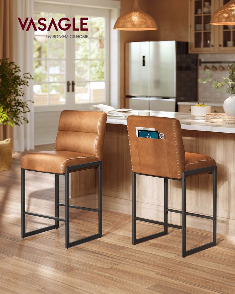Bar Stools Set of 2 – Counter Height – With Backrest & Storage Pocket