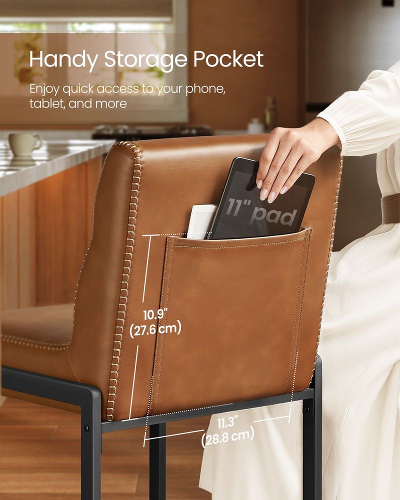 Bar Stools Set of 2 – Counter Height – With Backrest & Storage Pocket