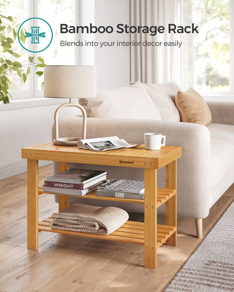 Shoe Rack Bench - 3 Tier Bamboo - Entryway Storage Organizer