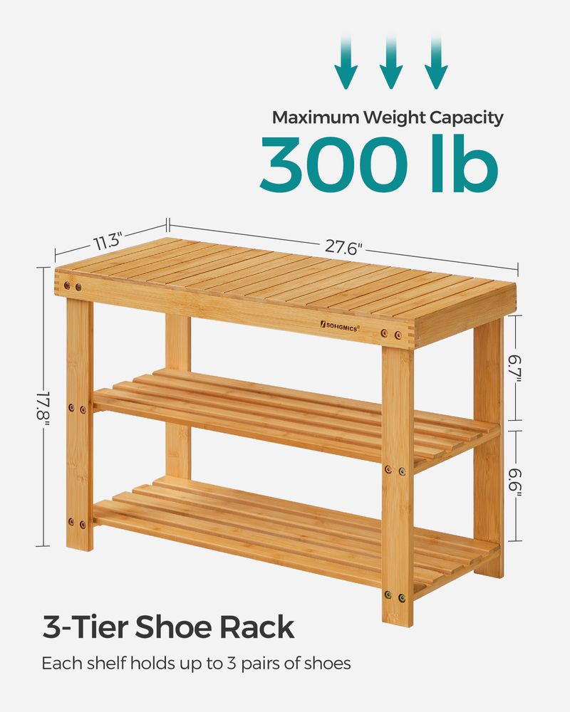 Shoe Rack Bench - 3 Tier Bamboo - Entryway Storage Organizer