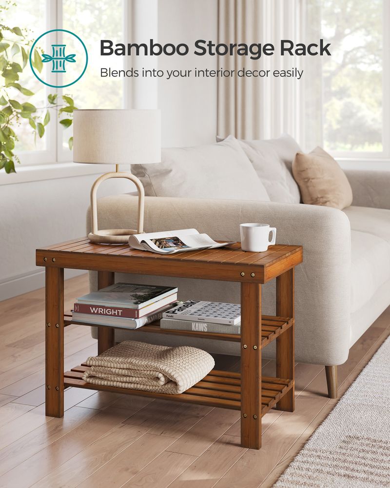 Shoe Rack Bench - 3 Tier Bamboo - Entryway Storage Organizer