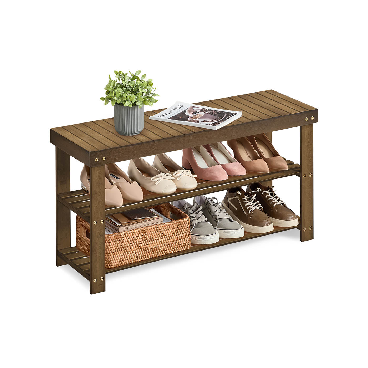 Shoe Rack Bench - 3 Tier Bamboo - Entryway Storage Organizer