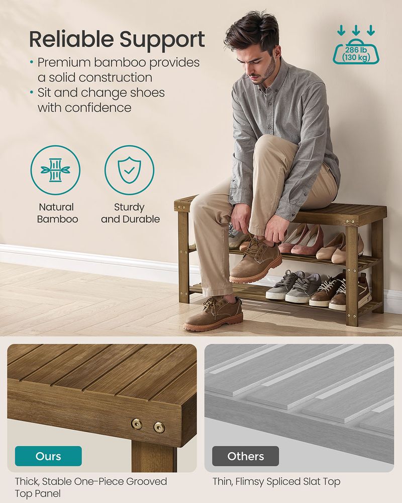 Shoe Rack Bench - 3 Tier Bamboo - Entryway Storage Organizer
