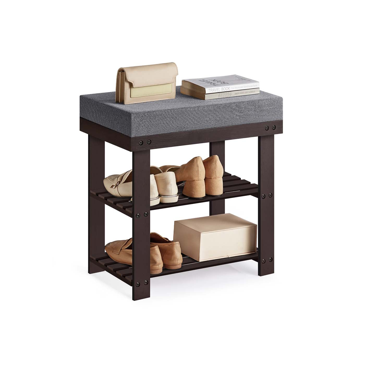 Shoe Bench - 3 Tier Bamboo - Cushioned Seat With Storage