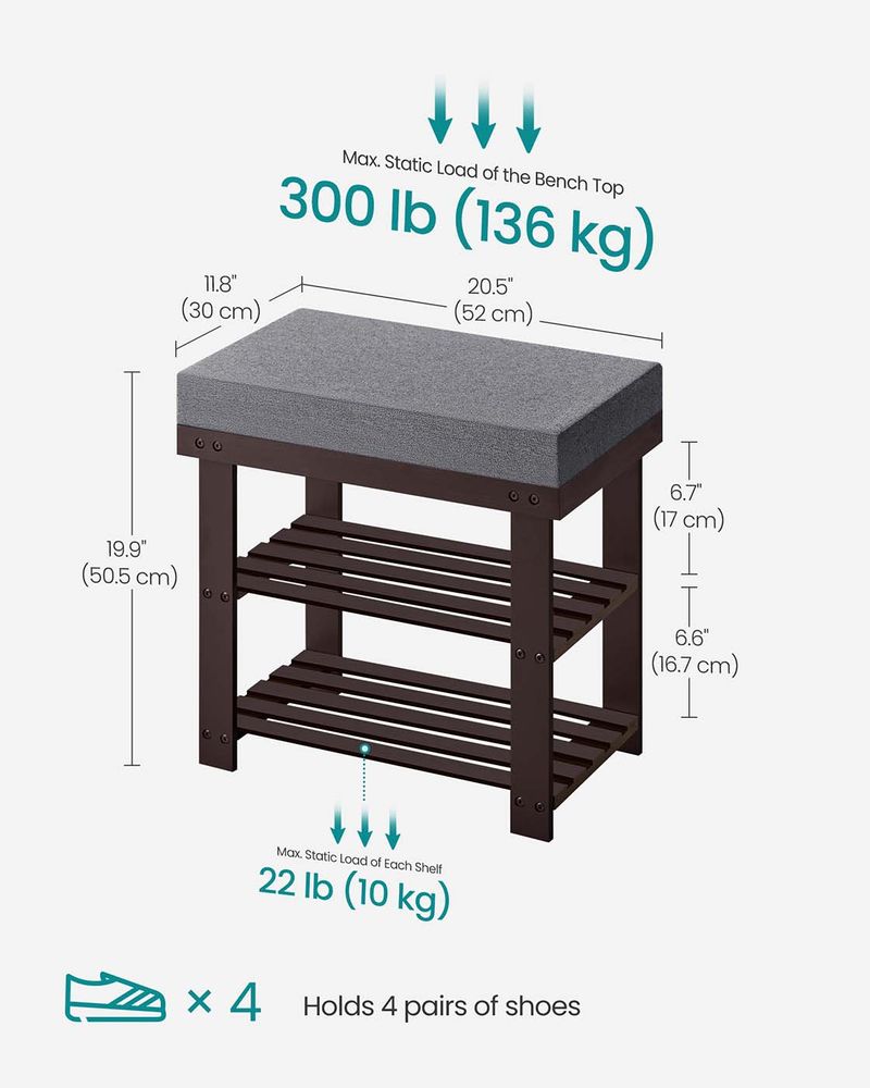 Shoe Bench - 3 Tier Bamboo - Cushioned Seat With Storage