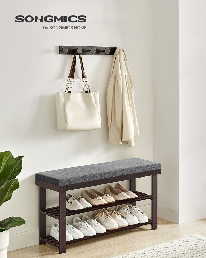 Shoe Bench - 3 Tier Bamboo - Cushioned Seat With Storage