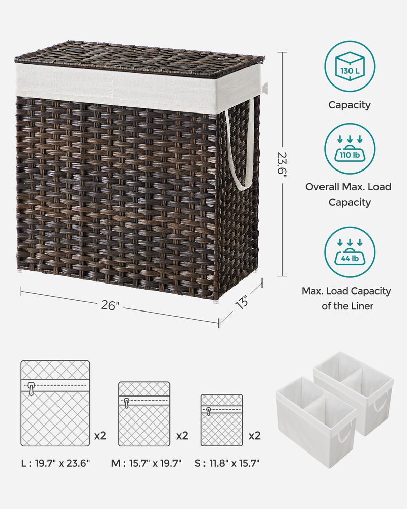 Clothes Hamper With Lid - 2 Section - 110–130L Capacity