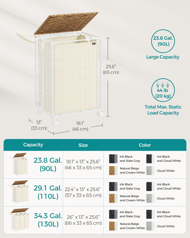 23.8 Gallon Laundry Hamper With Wheels Removable Liner Basket