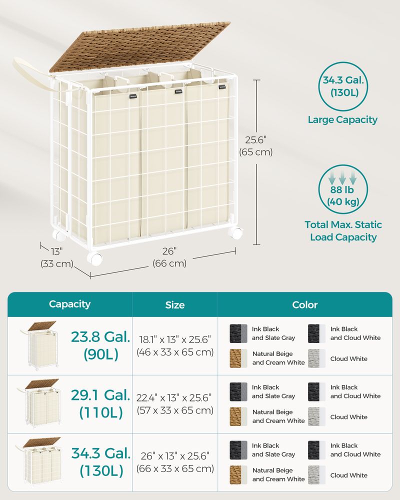 23.8 Gallon Laundry Hamper With Wheels Removable Liner Basket