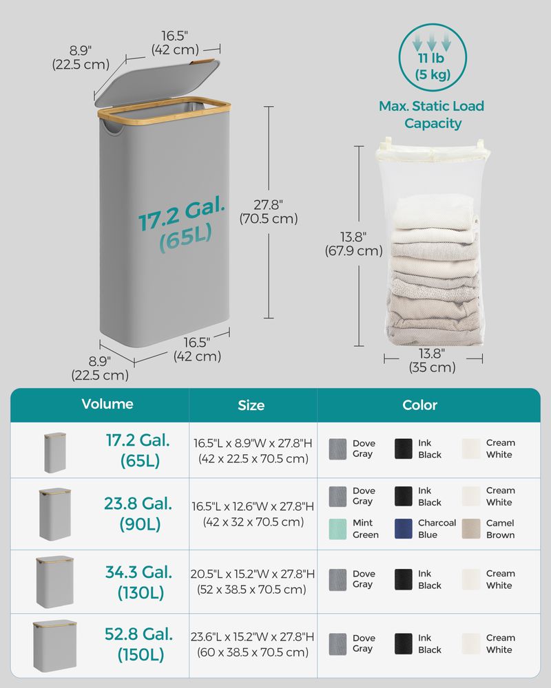23.8 Gallon Laundry Hamper With Lid Removable Liner Basket