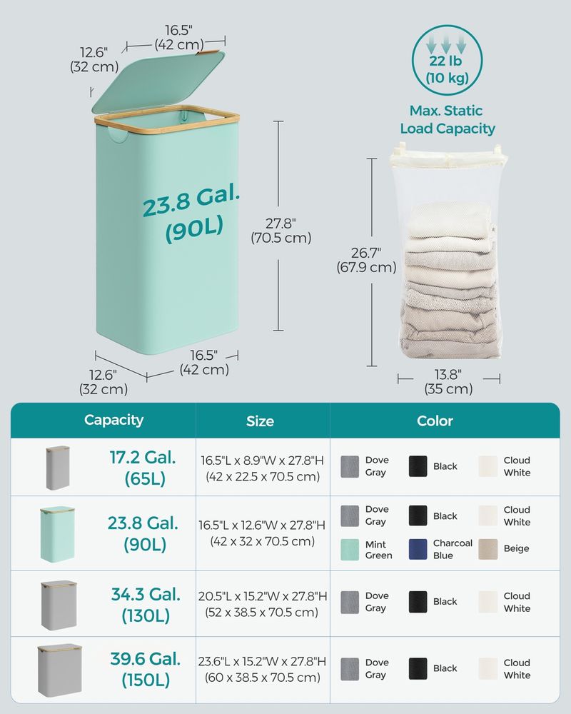 23.8 Gallon Laundry Hamper With Lid Removable Liner Basket