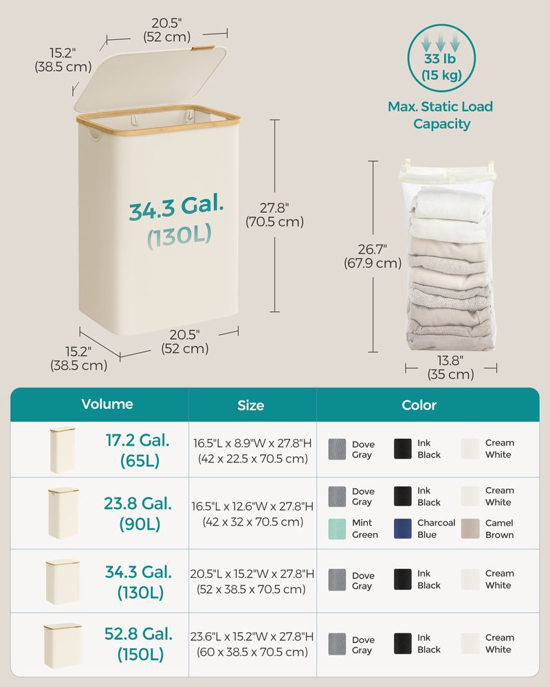 34.3 Gallon Laundry Hamper With Lid 2 Compartment Laundry Sorter