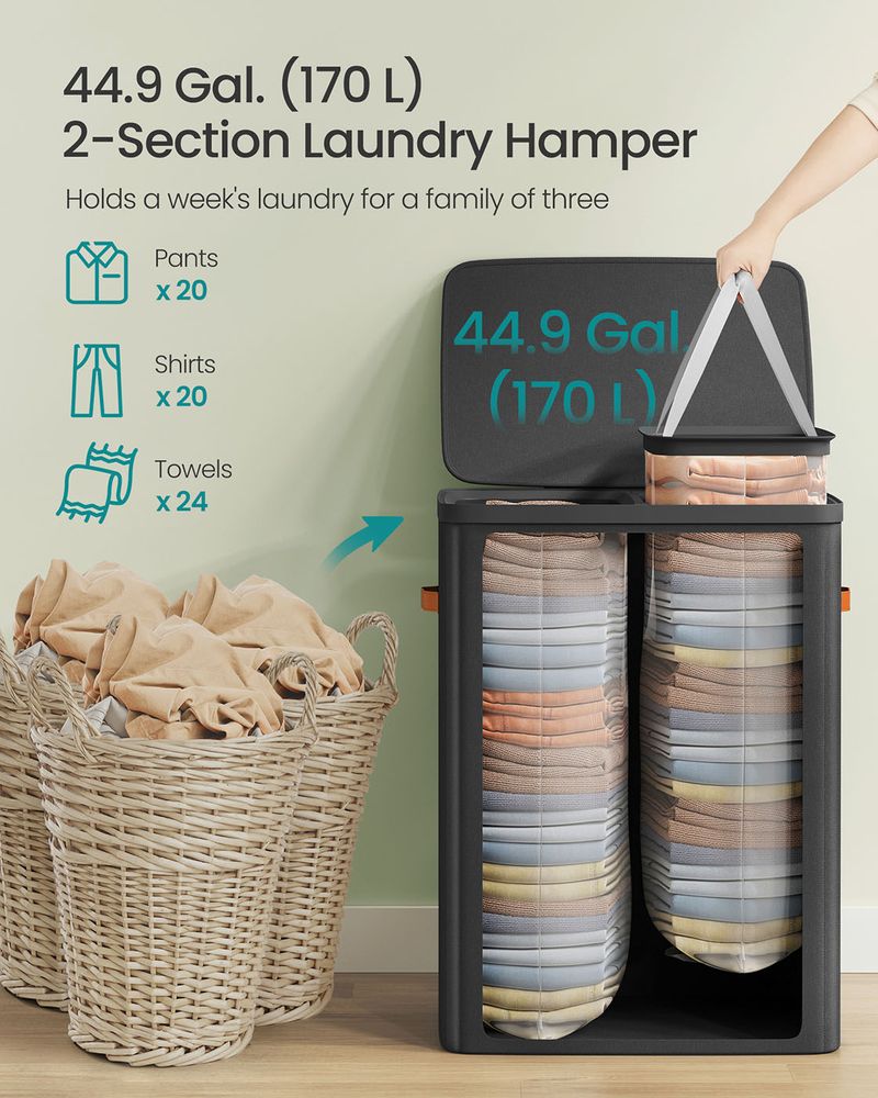 Laundry Hamper With Lid – 2 Compartments – Carry Handles
