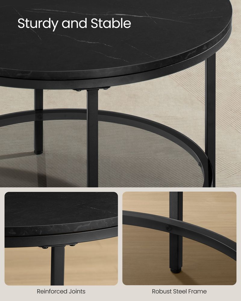 Round Coffee Table – Faux Marble Top – Glass Storage Shelf