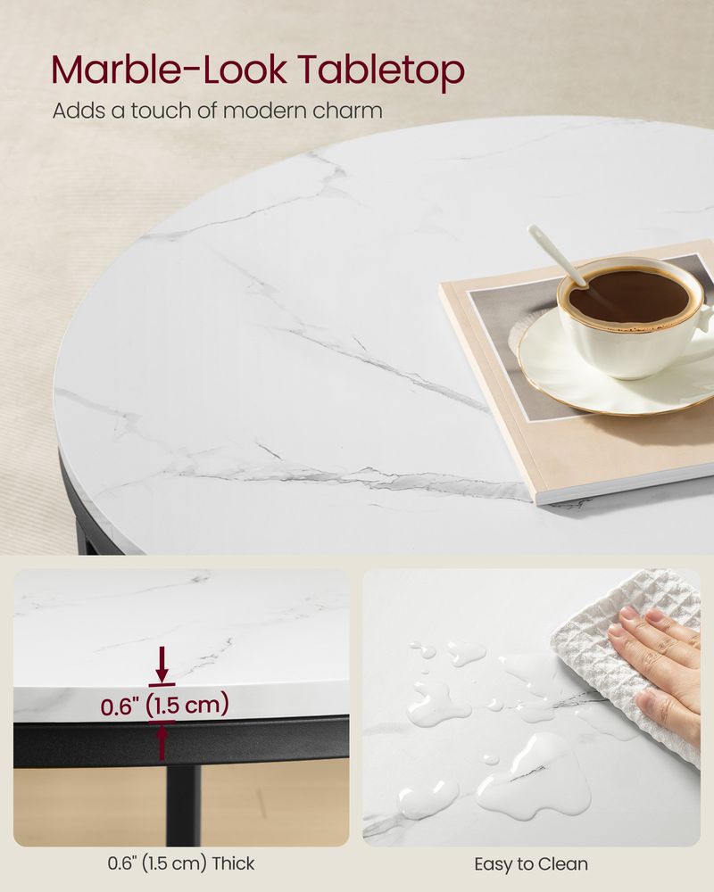 Round Coffee Table – Faux Marble Top – Glass Storage Shelf