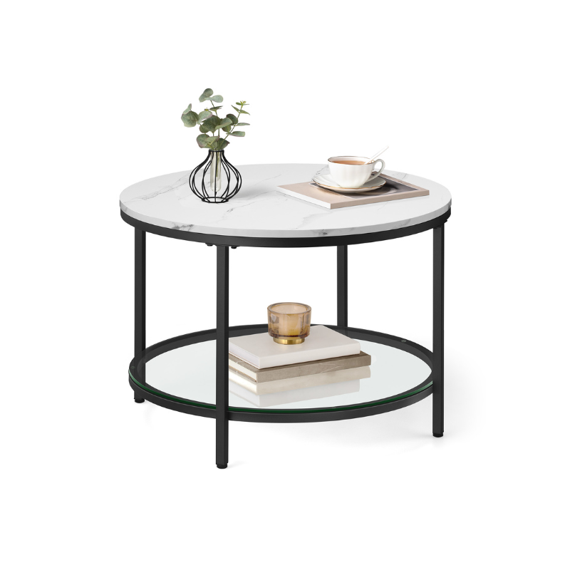 Round Coffee Table – Faux Marble Top – Glass Storage Shelf