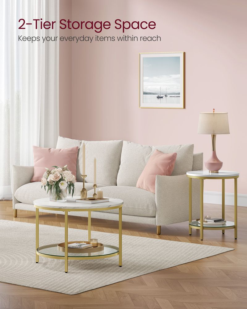 Round Coffee Table – Faux Marble Top – Glass Storage Shelf