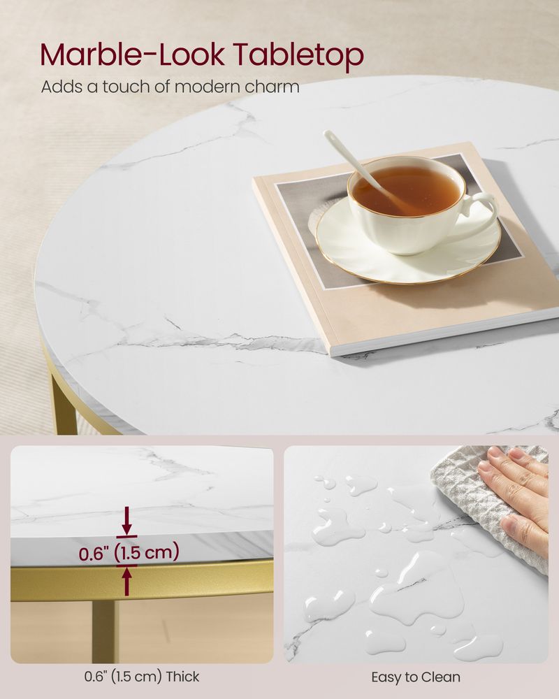 Round Coffee Table – Faux Marble Top – Glass Storage Shelf