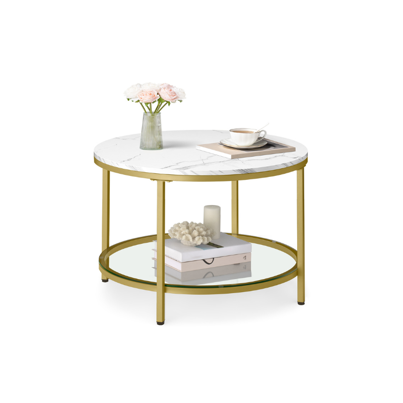Round Coffee Table – Faux Marble Top – Glass Storage Shelf