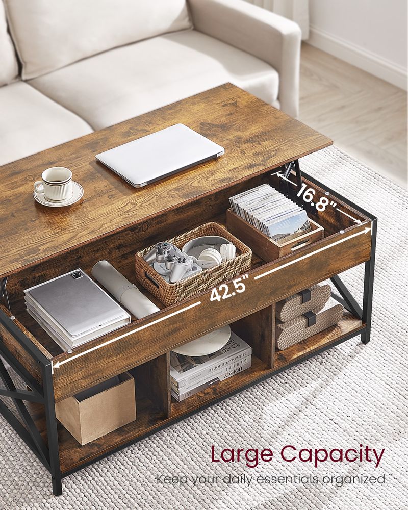 Lift Top Coffee Table – Hidden Storage Compartments – Industrial Living Room Table