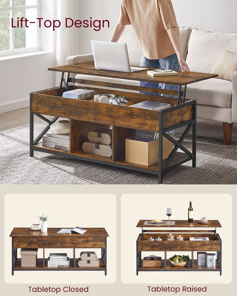 Lift Top Coffee Table - With Storage Shelf - Industrial Style