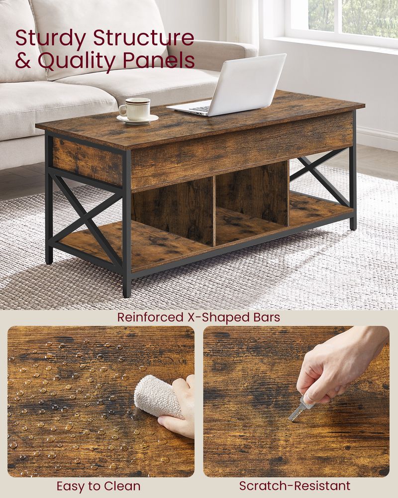 Lift Top Coffee Table – Hidden Storage Compartments – Industrial Living Room Table