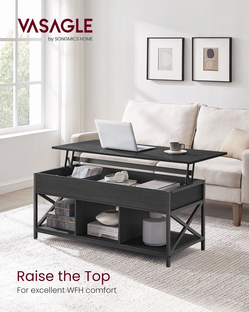 Lift Top Coffee Table – Hidden Storage Compartments – Industrial Living Room Table