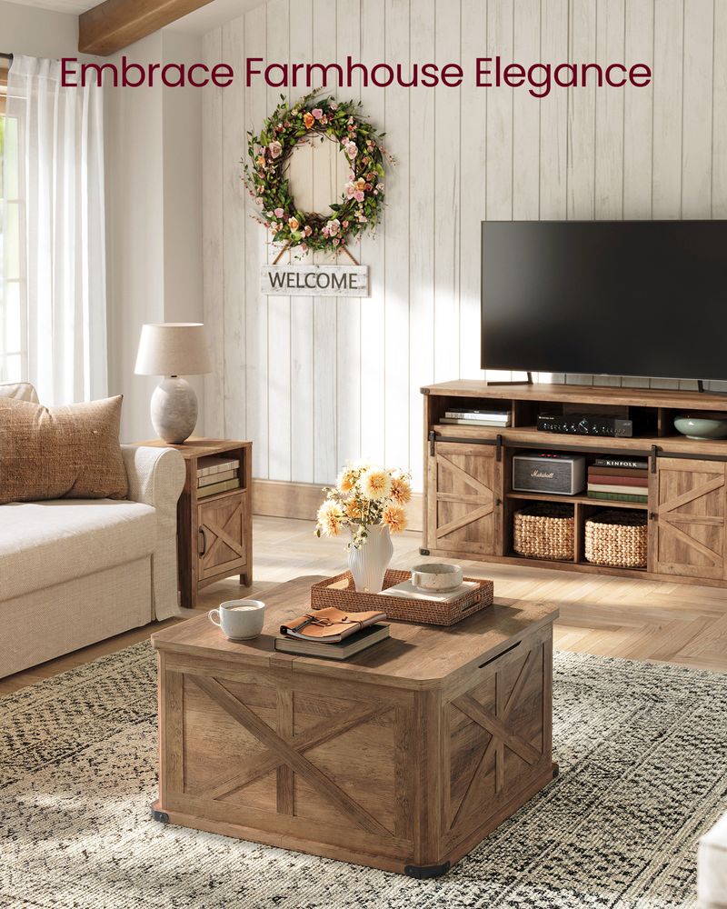 Farmhouse Coffee Table with Storage – Flip Top Lids – Square