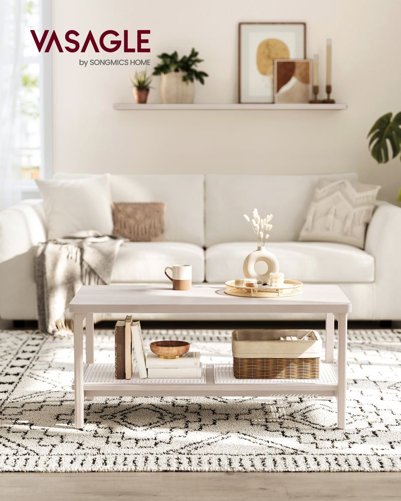 2-Tier Coffee Table with Rattan Shelf – Boho Style – Living Room Table