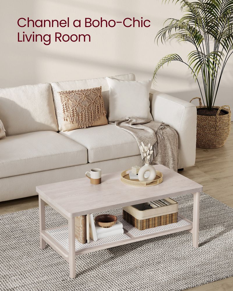 2-Tier Coffee Table with Rattan Shelf – Boho Style – Living Room Table
