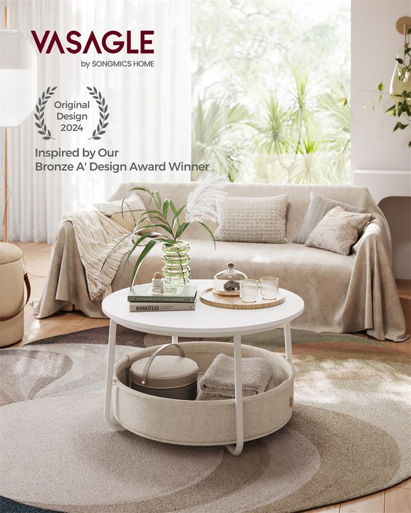 Coffee Table with Fabric Basket – Round Design – Living Room Table