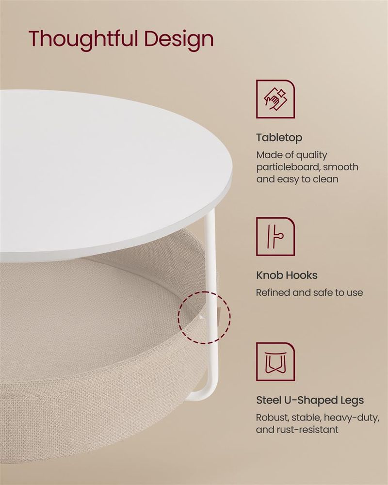 Coffee Table with Fabric Basket – Round Design – Living Room Table