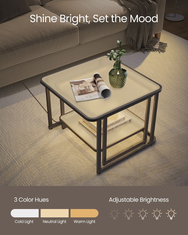 Coffee Table Set of 2 Nesting Tables With LED Lights Storage Shelves