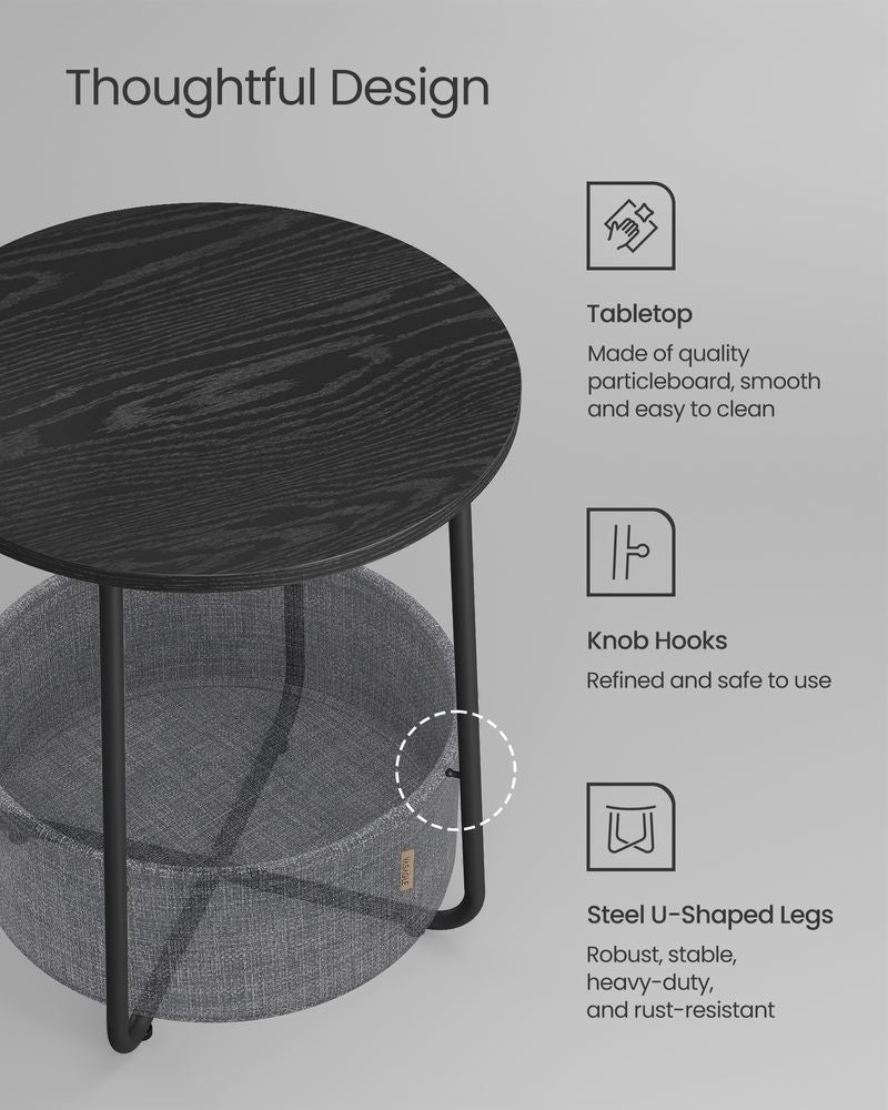 Nightstand - Modern Round - With Fabric Storage Basket