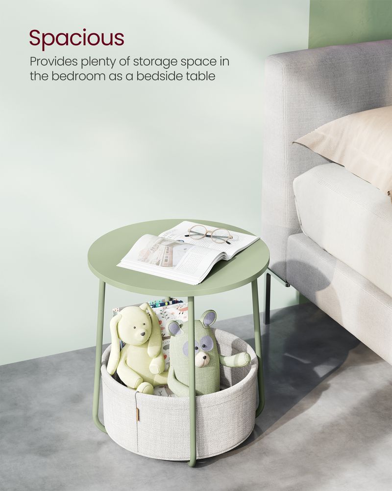 Nightstand - Modern Round - With Fabric Storage Basket