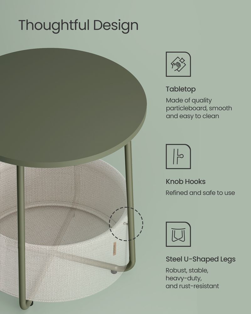 Nightstand - Modern Round - With Fabric Storage Basket