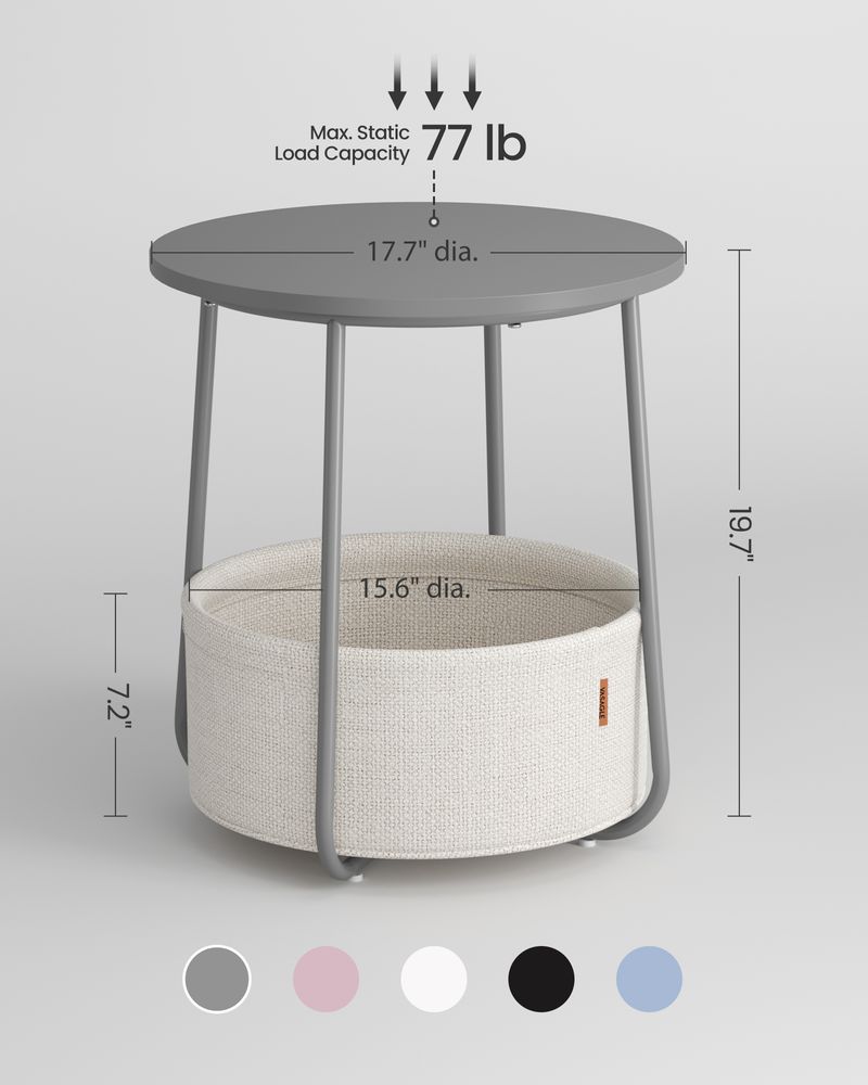 Nightstand - Modern Round - With Fabric Storage Basket