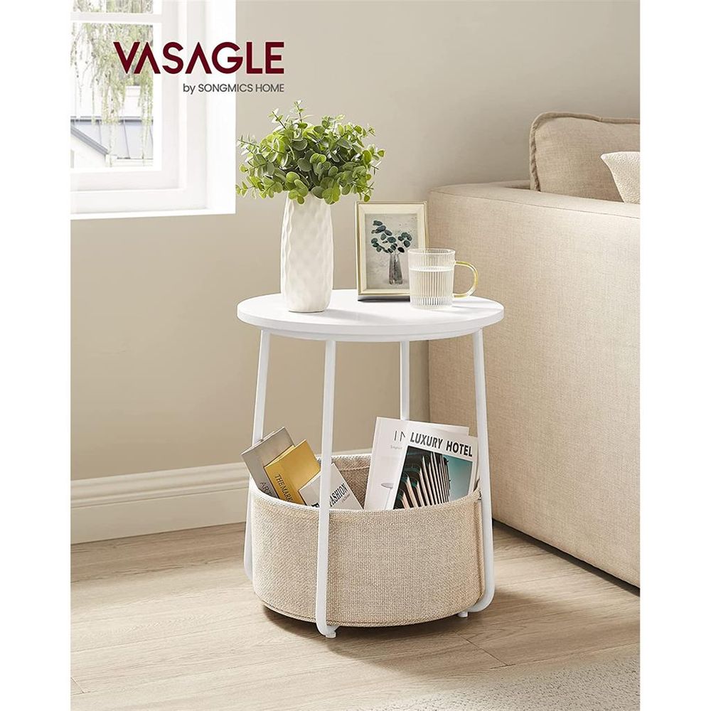 Nightstand - Modern Round - With Fabric Storage Basket