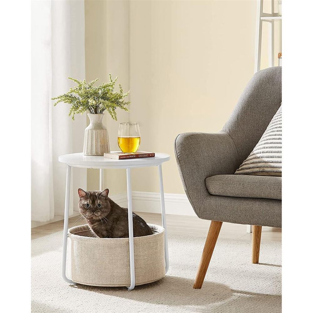 Nightstand - Modern Round - With Fabric Storage Basket