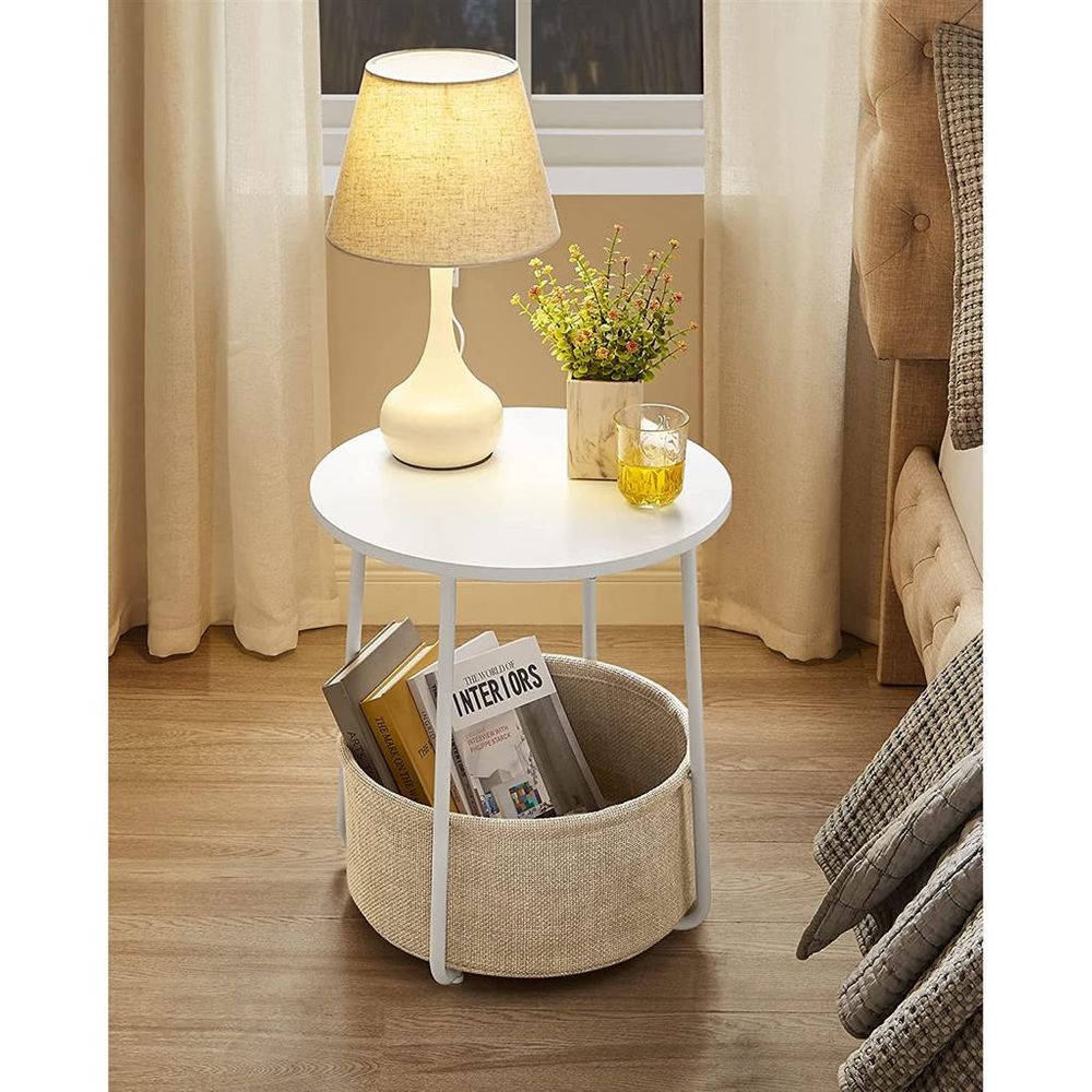 Nightstand - Modern Round - With Fabric Storage Basket