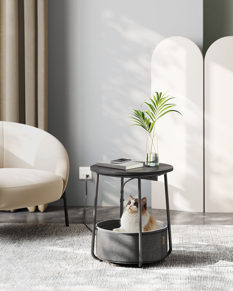 Side Table With Charging Station – Fabric Basket – Metal Legs