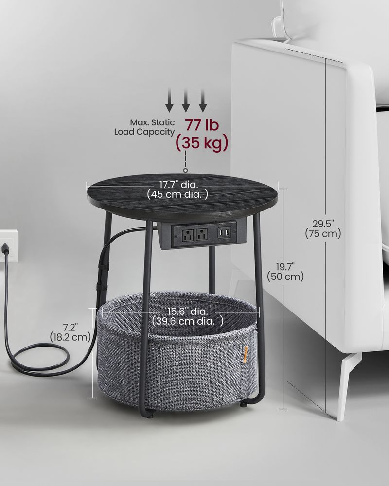 Side Table With Charging Station – Fabric Basket – Metal Legs