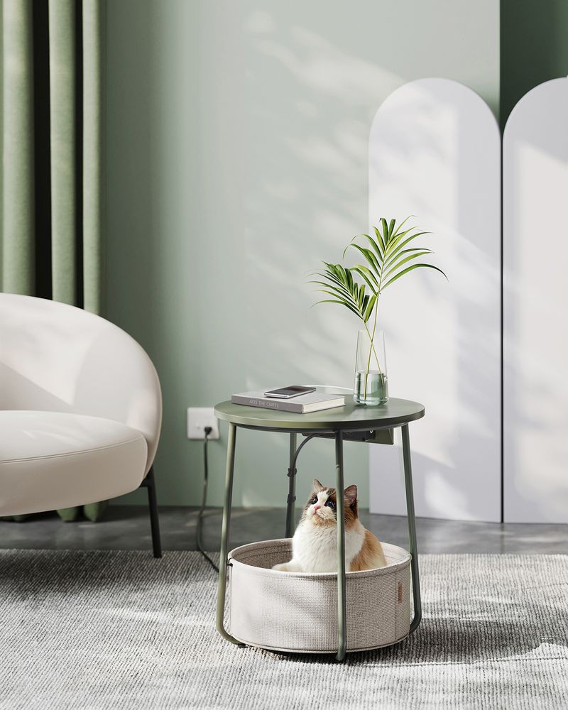 Side Table With Charging Station – Fabric Basket – Metal Legs