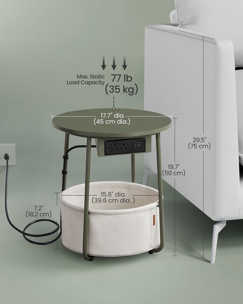 Side Table With Charging Station – Fabric Basket – Metal Legs