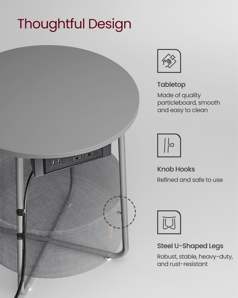 Side Table With Charging Station – Fabric Basket – Metal Legs
