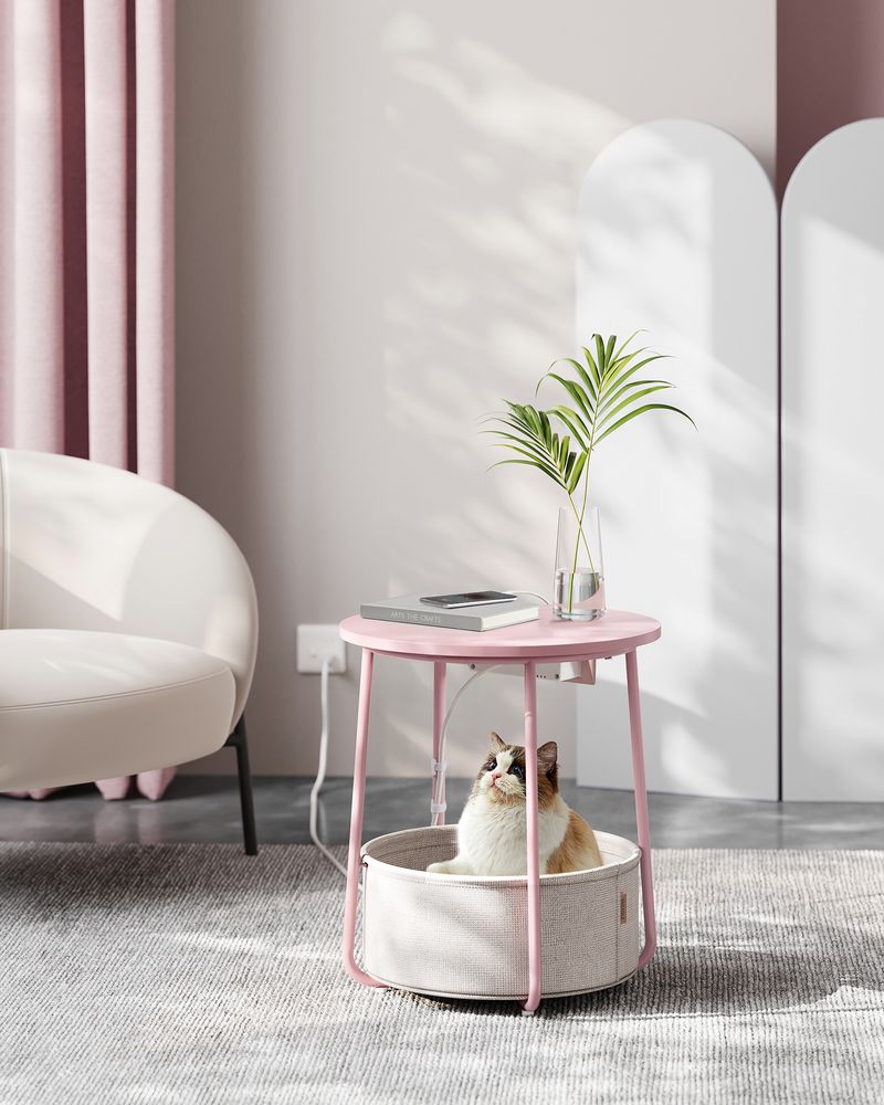 Side Table With Charging Station – Fabric Basket – Metal Legs